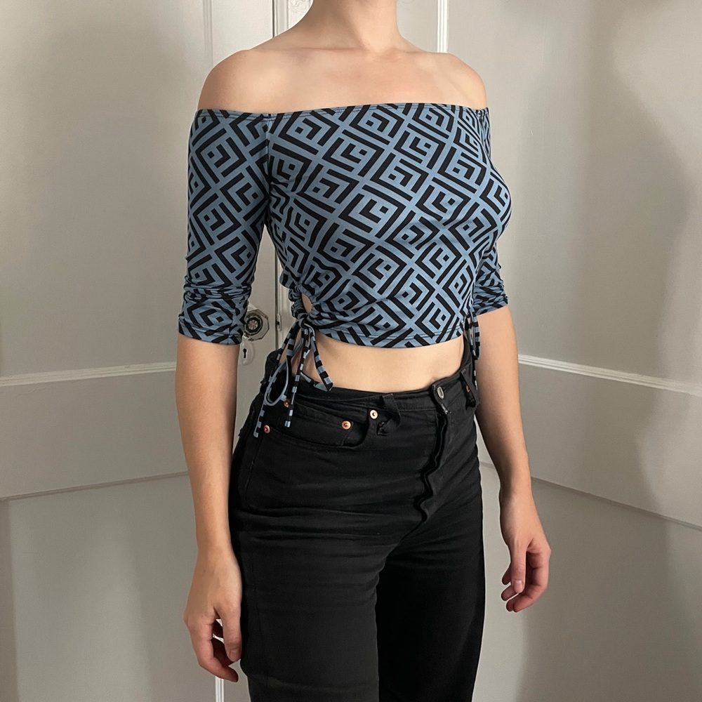 Blue and black Love J off the shoulder crop top with graphic pattern #croptop